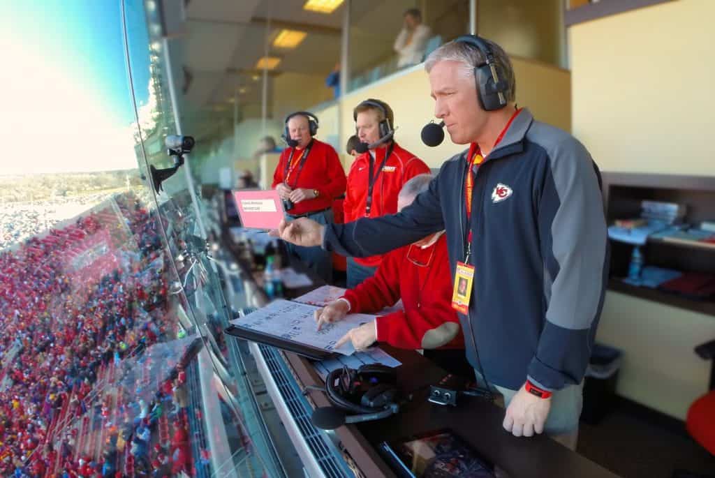 Dan Israel (far right) with the commentary team calling a game